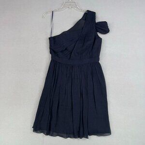 J Crew Dress Womens 10 Navy Blue Silk Chiffon Cara One Shoulder Draped Event